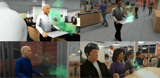 구내식당 내 확진자의 비말 확산 시뮬레이션.       다쏘시스템 제공